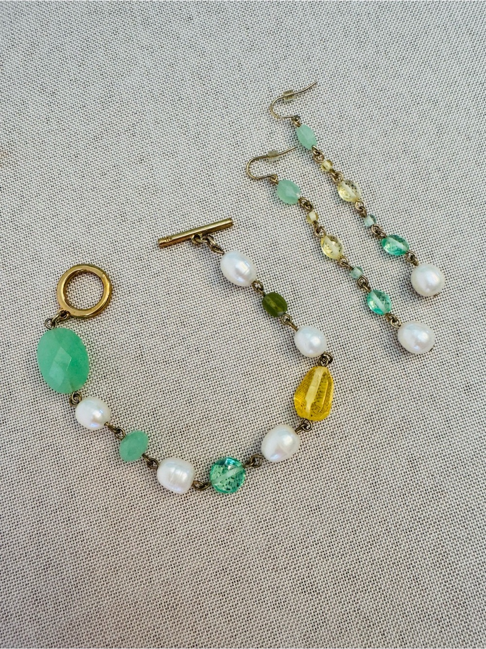 2pc Set Ralph Lauren Bracelet Earrings Genuine Pearl Crystals Yellow Green